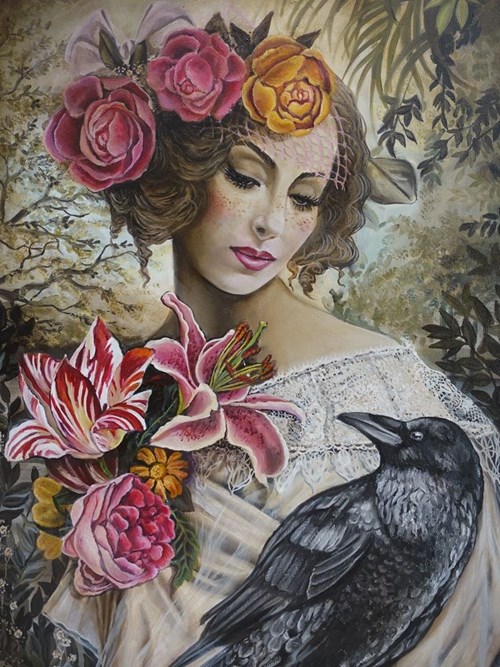 Living room painting by Marta Julia Piórko titled Girl with a Raven