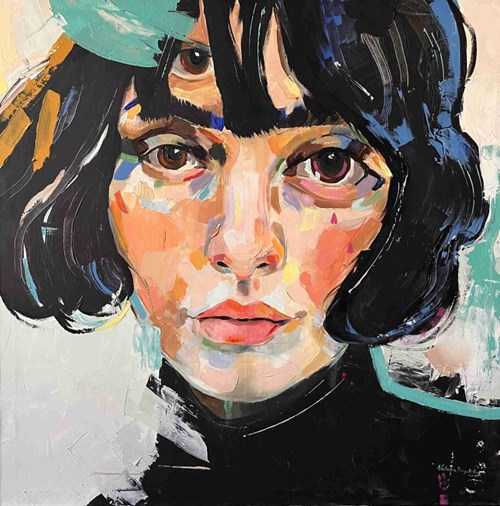 Living room painting by Natalia Biegalska titled A girl in a turtleneck