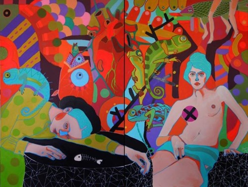 Obraz do salonu artysty Marcin Painta pod tytułem ONA I KAMELEONY