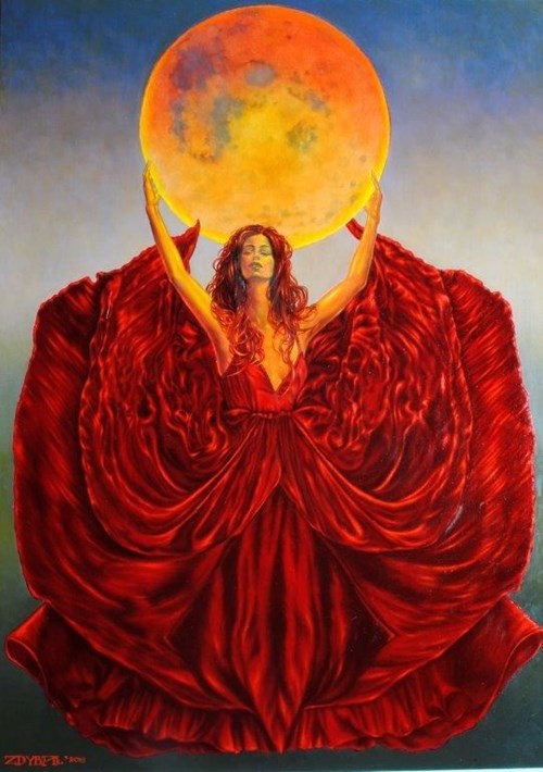 Living room painting by Mariusz Zdybał titled RED MOON