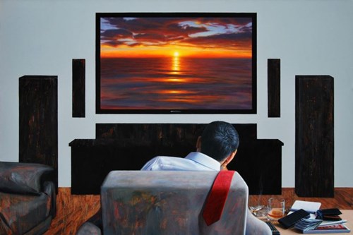 Living room painting by Radosław Jastrzębski titled A Sip of Reflection