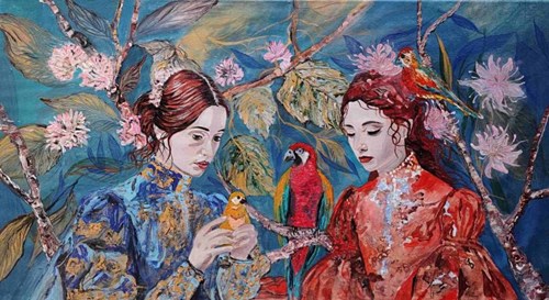 Obraz do salonu artysty Mariola Świgulska pod tytułem Pogaduszki i papużki