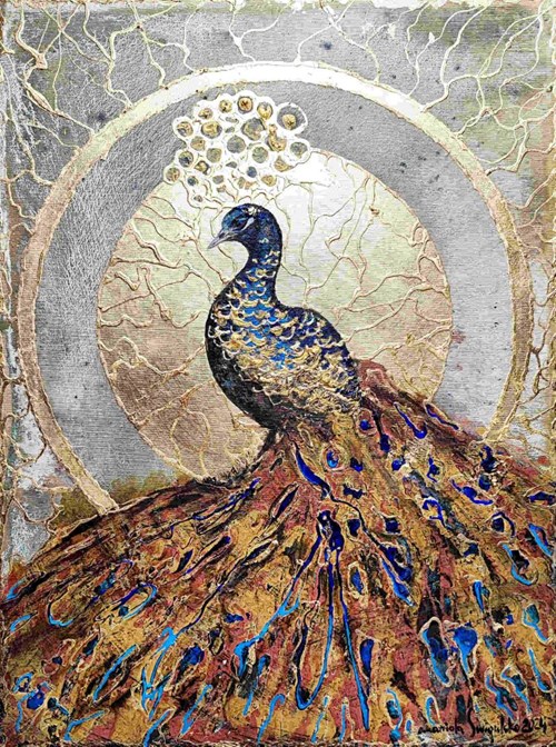 Living room painting by Mariola Świgulska titled Peacock in an Art Nouveau ornament