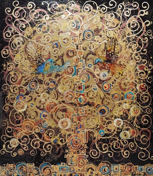 Living room painting by Mariola Świgulska titled In the Labyrinth of the Golden Tree