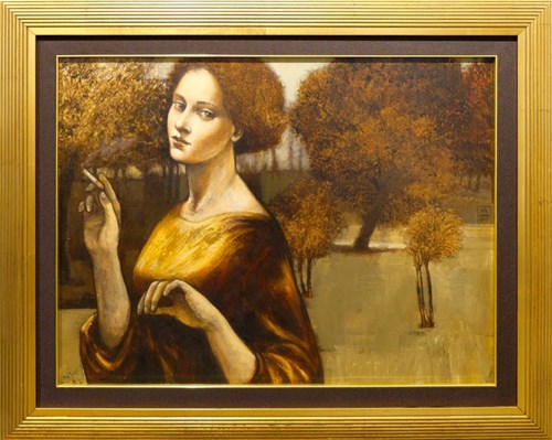 Living room painting by Mira Skoczek-Wojnicka titled Woman with Cigarette