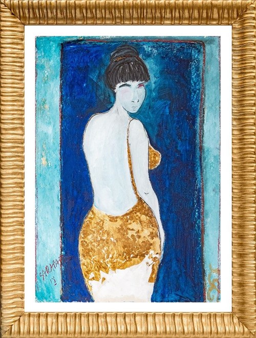 Living room painting by Joanna Sarapata titled Lady in a Blue and Gold Dress