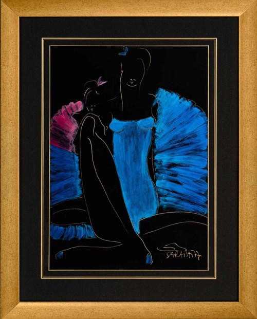 Living room painting by Joanna Sarapata titled Double ballerina in blue and pink