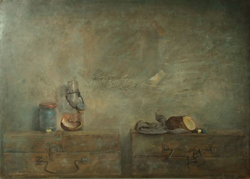 Living room painting by Wiesław Nowakowski titled BEIGE STILL NAURE