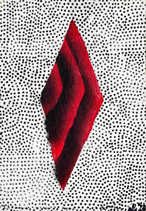 Living room painting by Piotr Młodożeniec titled Dotted abstraction with a red rhombus
