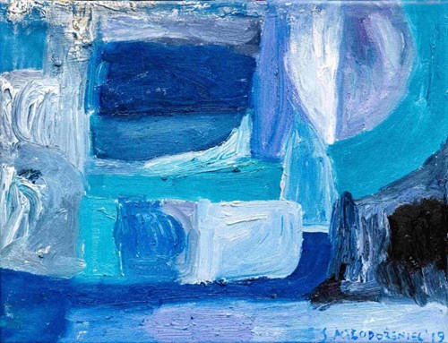 Living room painting by Stanisław Młodożeniec titled untitled (cobalt abstraction)