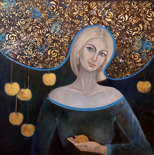 Living room painting by Krystyna Ruminkiewicz titled This one is on an apple diet