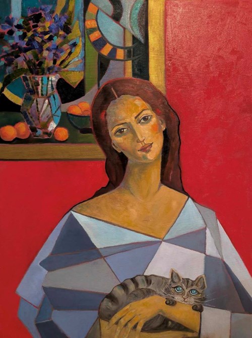 Living room painting by Krystyna Ruminkiewicz titled One geometric one with a cat