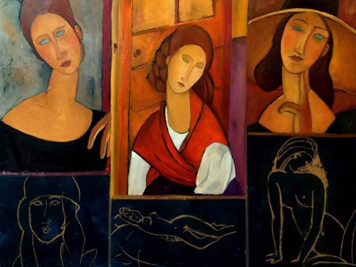 Living room painting by Krystyna Ruminkiewicz titled Three women after Modigliani