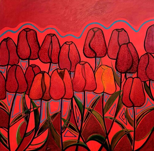 Living room painting by Krystyna Ruminkiewicz titled Red tulips