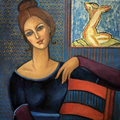 Living room painting by Krystyna Ruminkiewicz titled Dialogue with Modigliani II