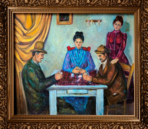 Living room painting by Krystyna Ruminkiewicz titled Card Players, Dialogue with Cezanne