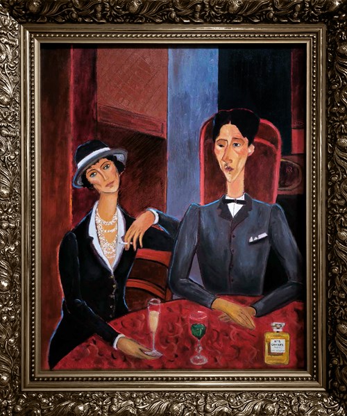 Living room painting by Krystyna Ruminkiewicz titled Dialogue with Modigliani. Portrait of Jean Cocteau and Coco Chanel