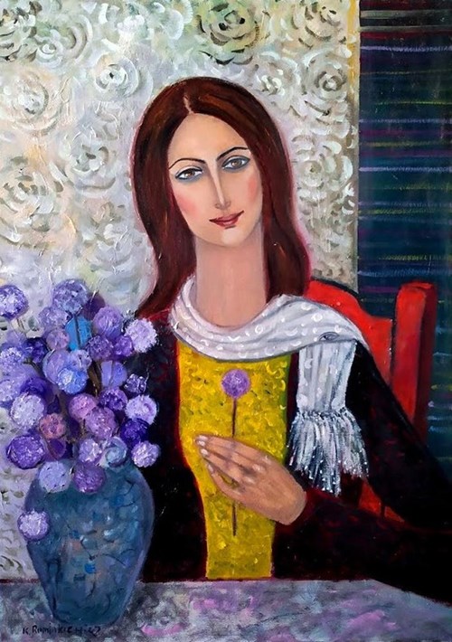 Living room painting by Krystyna Ruminkiewicz titled The One With a Violet Garlic