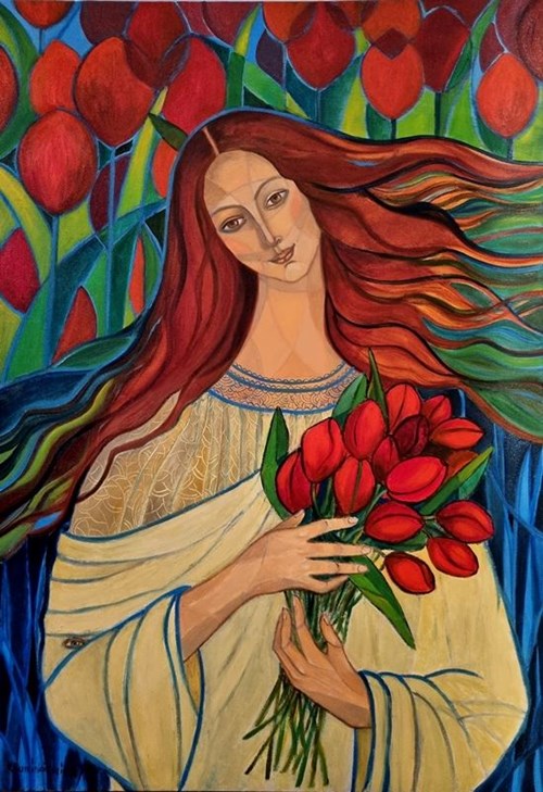 Obraz do salonu artysty Krystyna Ruminkiewicz pod tytułem Taka jedna z tulipanami