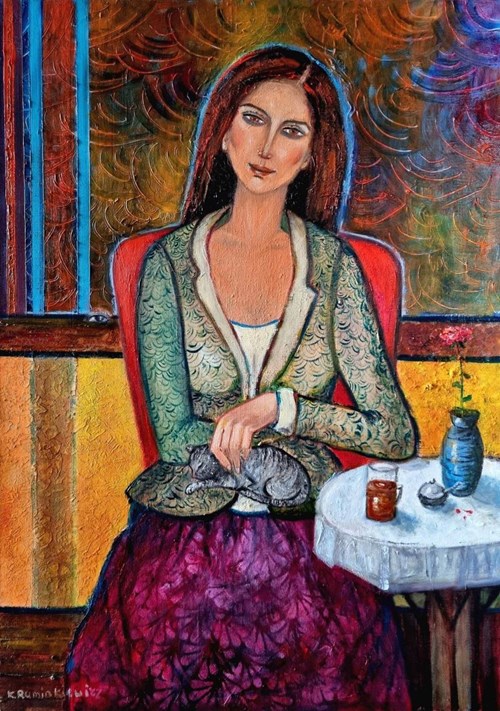 Living room painting by Krystyna Ruminkiewicz titled The One with a Cat and Tea