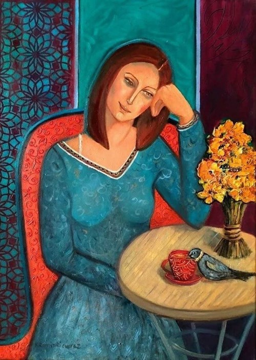 Obraz do salonu artysty Krystyna Ruminkiewicz pod tytułem U takiej jednej na herbacie wyjątkowy gość