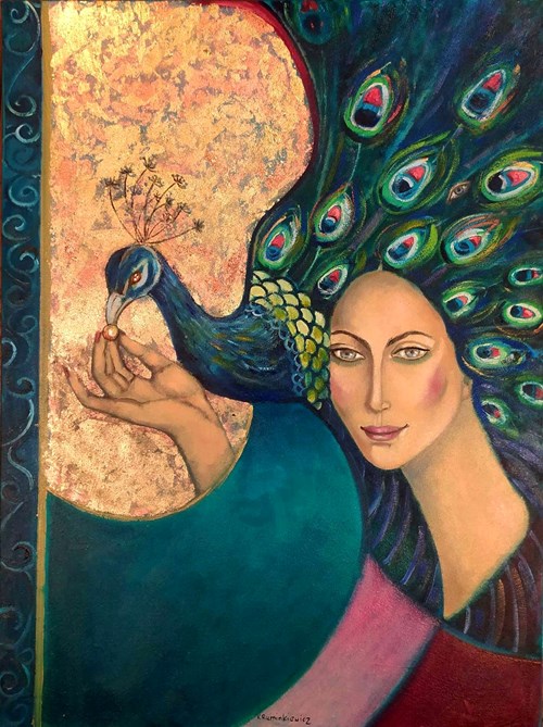 Living room painting by Krystyna Ruminkiewicz titled The One With Peacocks