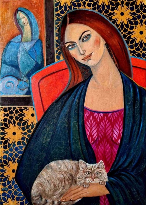 Living room painting by Krystyna Ruminkiewicz titled Double Portait of a Woman With a Cat