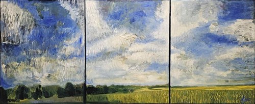 Living room painting by Bartłomiej Kulpa titled Clouds over Włóki, from the series Journey through a Dream