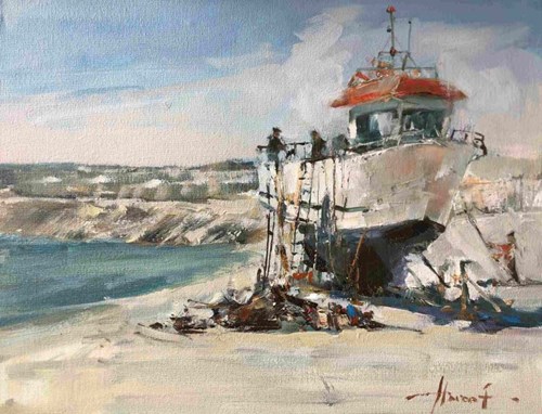 Living room painting by Henadzy Havartsou titled In the port