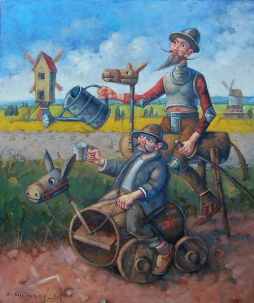 Living room painting by Dariusz Miliński titled Don Quixote from flowers