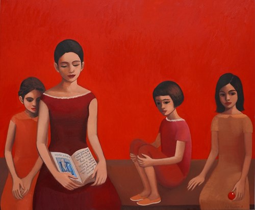 Living room painting by Katarzyna Karpowicz titled Sisters and the Book
