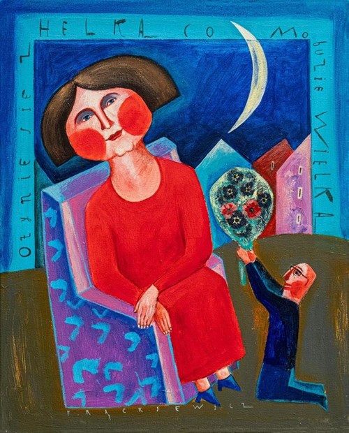 Living room painting by Jacek Frąckiewicz titled I will marry Helka, who has a big face