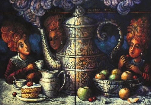 Living room painting by Edward Gałustow titled A great drink of tea