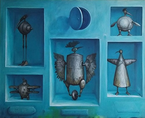 Living room painting by Zbigniew Olszewski titled Guardians of Turquoise (from "Collections" series)