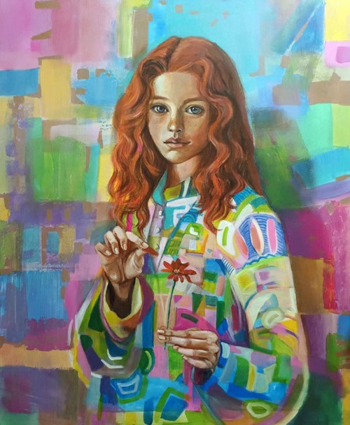 Living room painting by Maria Kucia-Albin titled Dressed in Abstraction