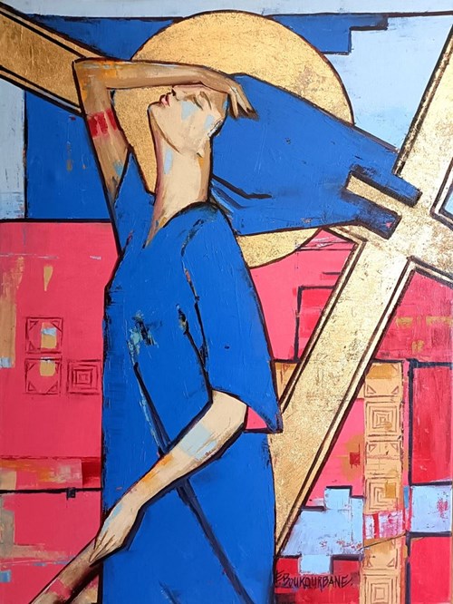 Living room painting by Elżbieta Boukourbane titled Golden cross of Mary