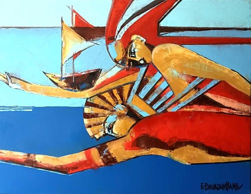 Living room painting by Elżbieta Boukourbane titled We sail in one direction