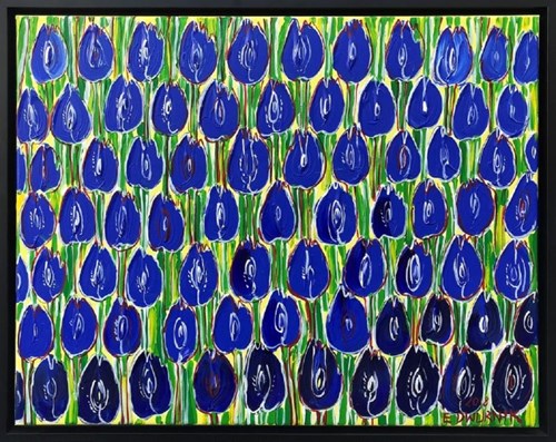 Living room painting by Edward Dwurnik titled Cobalt Tulips