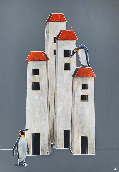 Obraz do salonu artysty Aleksandra Lacheta pod tytułem Między nami pingwinami