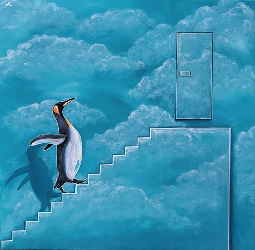 Living room painting by Aleksandra Lacheta titled The penguin show