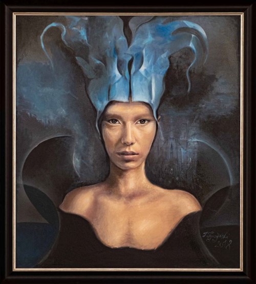 Living room painting by Jacek Tyczyński titled A woman in a blue cap