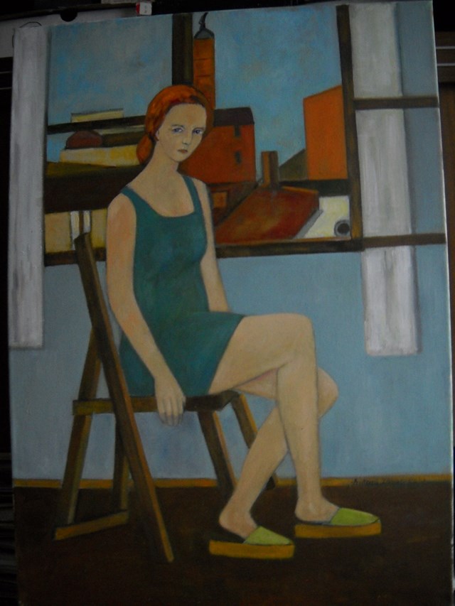 Living room painting by Antoni Zaborowski titled  A female figure against the background of old architecture in Kościerzyna