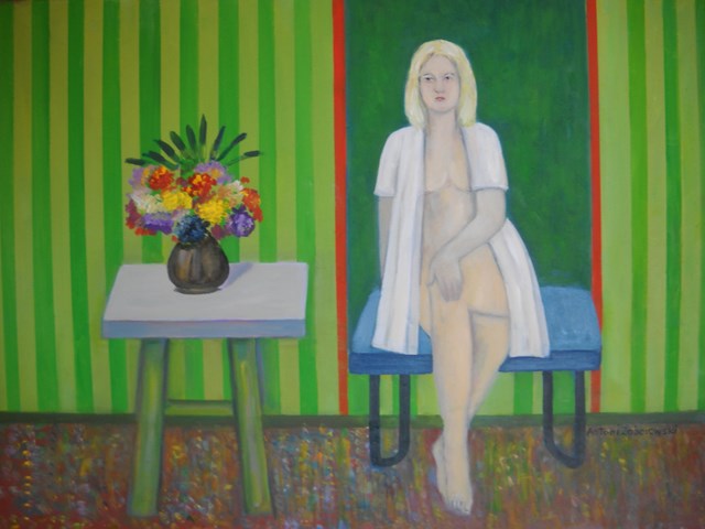 Living room painting by Antoni Zaborowski titled  Blonde girl and flowers