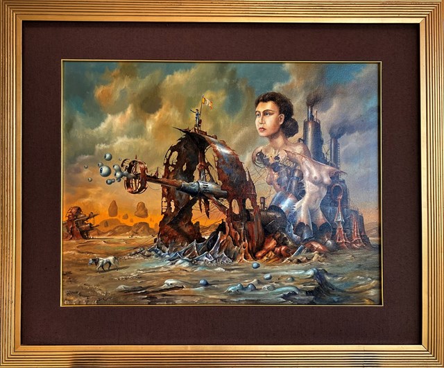 Living room painting by Jarosław Jaśnikowski titled The Terrible Don Kichote Machine With a Face of Dulcinea 