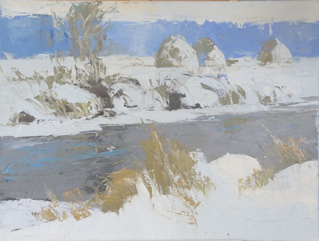 Living room painting by Daniel Gromacki titled The Narewka River. Winter.