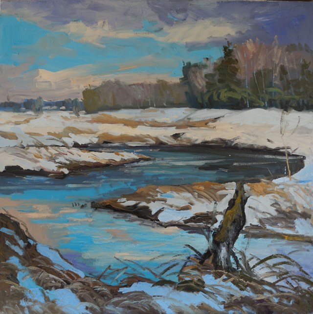Living room painting by Daniel Gromacki titled Podlasie in winter. The Łoknica River.