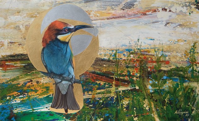 Living room painting by Jarosław Kałużyński titled Bee-eater from the series Towards Subtle Beings