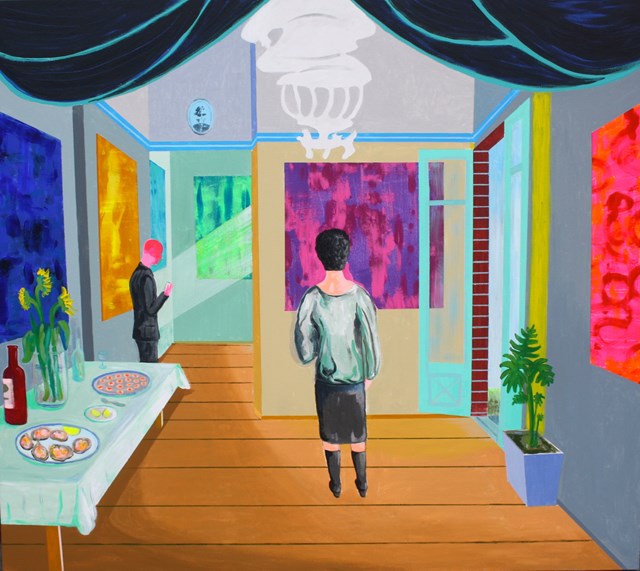 Living room painting by Mariusz Drabarek titled ''Vernissage''