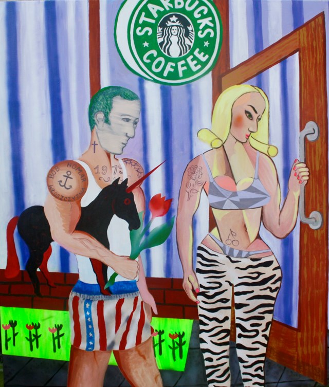 Living room painting by Mariusz Drabarek titled  ''Party at StarBucks''