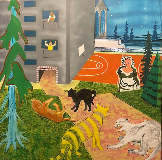 Living room painting by Mariusz Drabarek titled ''Cat wars”